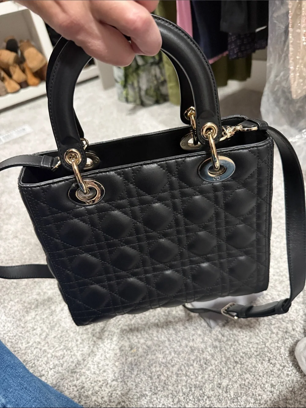 Dior Black Quilted Leather Top-Handle Bag with Gold Hardware and matching wallet